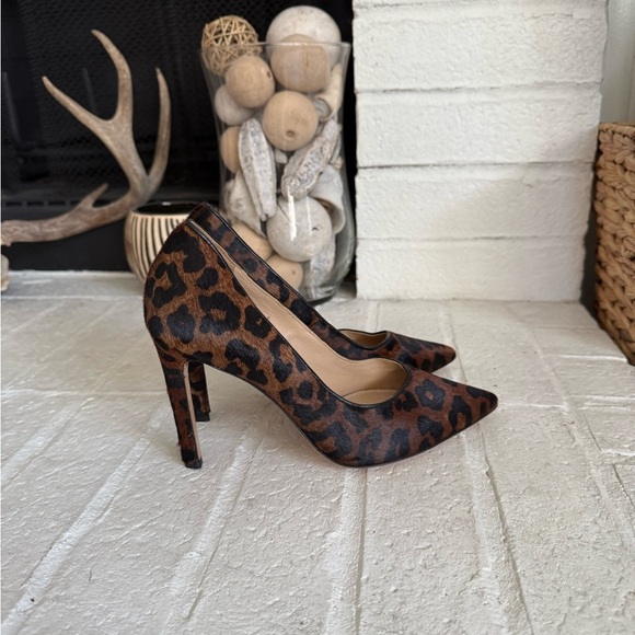 Sandro Paris Brown/Black Leopard Print Fur Leather Pointed-Toe Pumps Size 5.5 - Picture 2 of 7